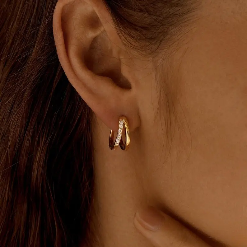 Diamond Huggie Earrings Double Hoop Huggies CZ Everyday Gold Earrings Mother's Day Gift,summerwins Ear Hoops