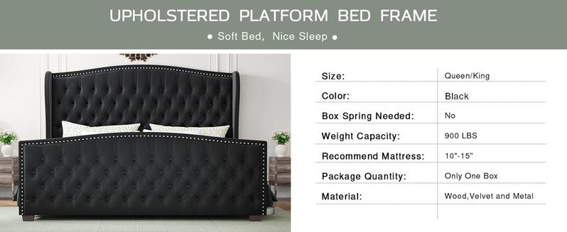 AMERLIFE Modern Bed Frame with Wingback Headboard, Velvet Upholstered Bed Frame with Handmade Button Tufted & Nailhead,Wooden Slats Support/Luxury Bedroom Furniture Design /Queen/King/California King Size/Best Gift Ideas/Christmas Gifts
