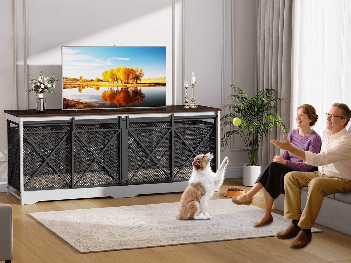 COZPAW 78" Double Dog Crate Furniture for 2 Dogs,Extra Large Furniture Style Dog Kennel,Heavy Duty Wooden XL Dog Cage with Removable Divider,Pet Cage TV Stand & Side Table (White Brown)