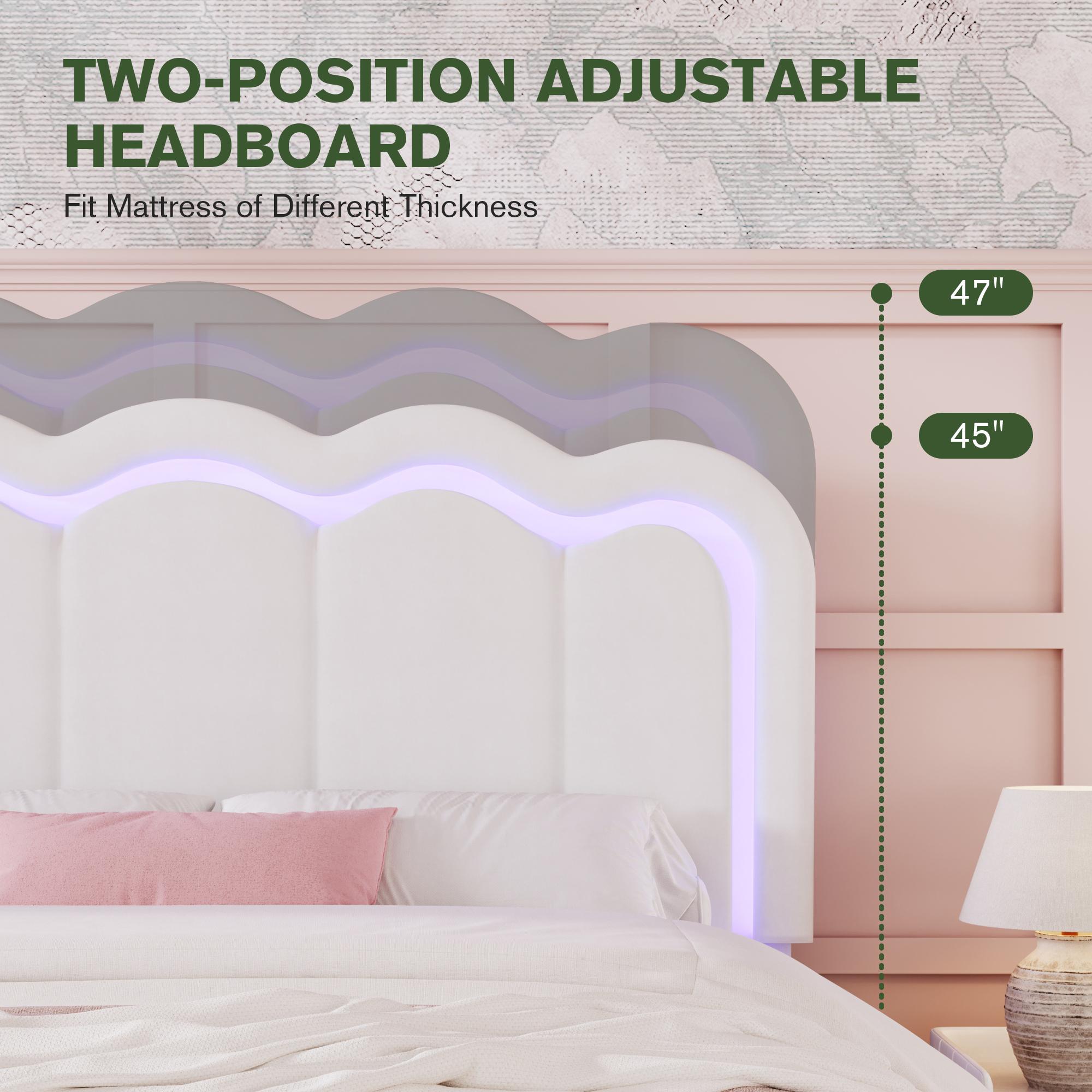 MUTIOCR Velvet Upholstered Bed Frame with Smart LED Lights Large Storage Drawer Adjustable Wavy Headboard No Box Spring Needed Twin Full Queen Sizes White Black Cream Pink