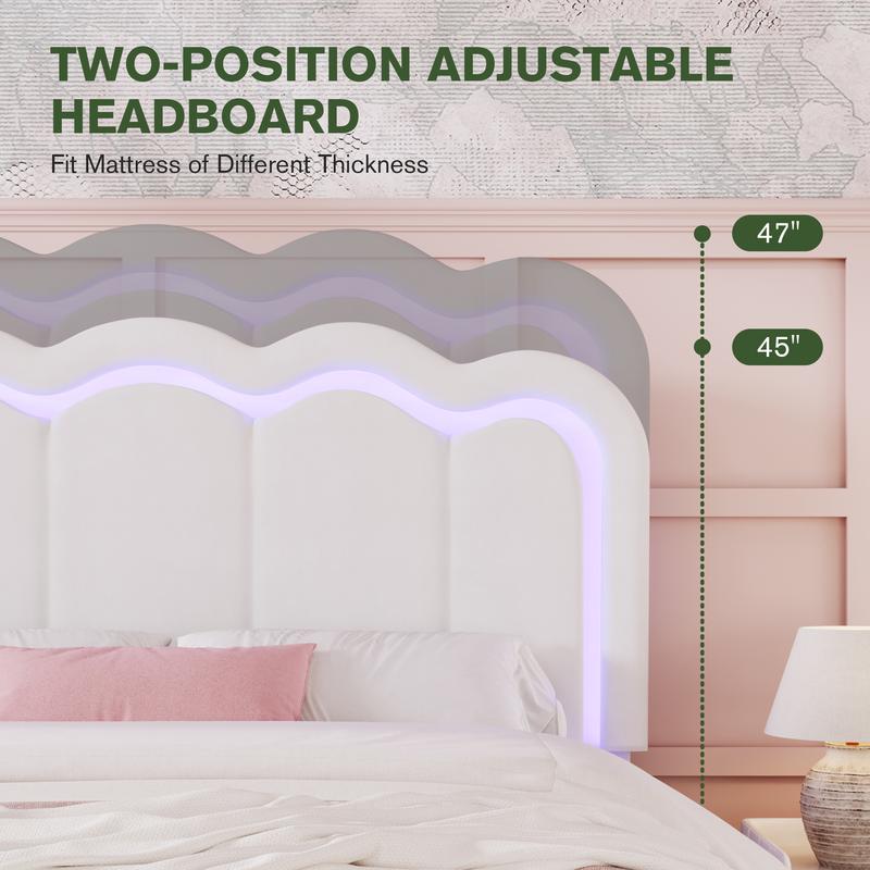 MUTIOCR Velvet Upholstered Bed Frame with Smart LED Lights Large Storage Drawer Adjustable Wavy Headboard No Box Spring Needed Twin Full Queen Sizes White Black Cream Pink