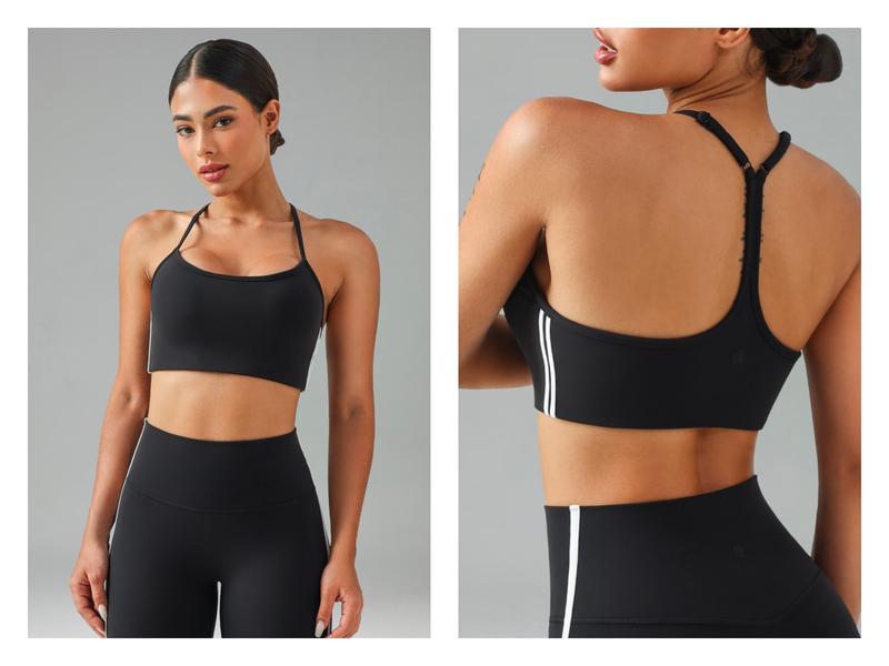 Colorfulkoala Women's Dreamlux Y-Back Adjustable Sports Bra Contrast Double Stripe Design Hidden Elastic Hem Removable Pads Yoga Set Compatible