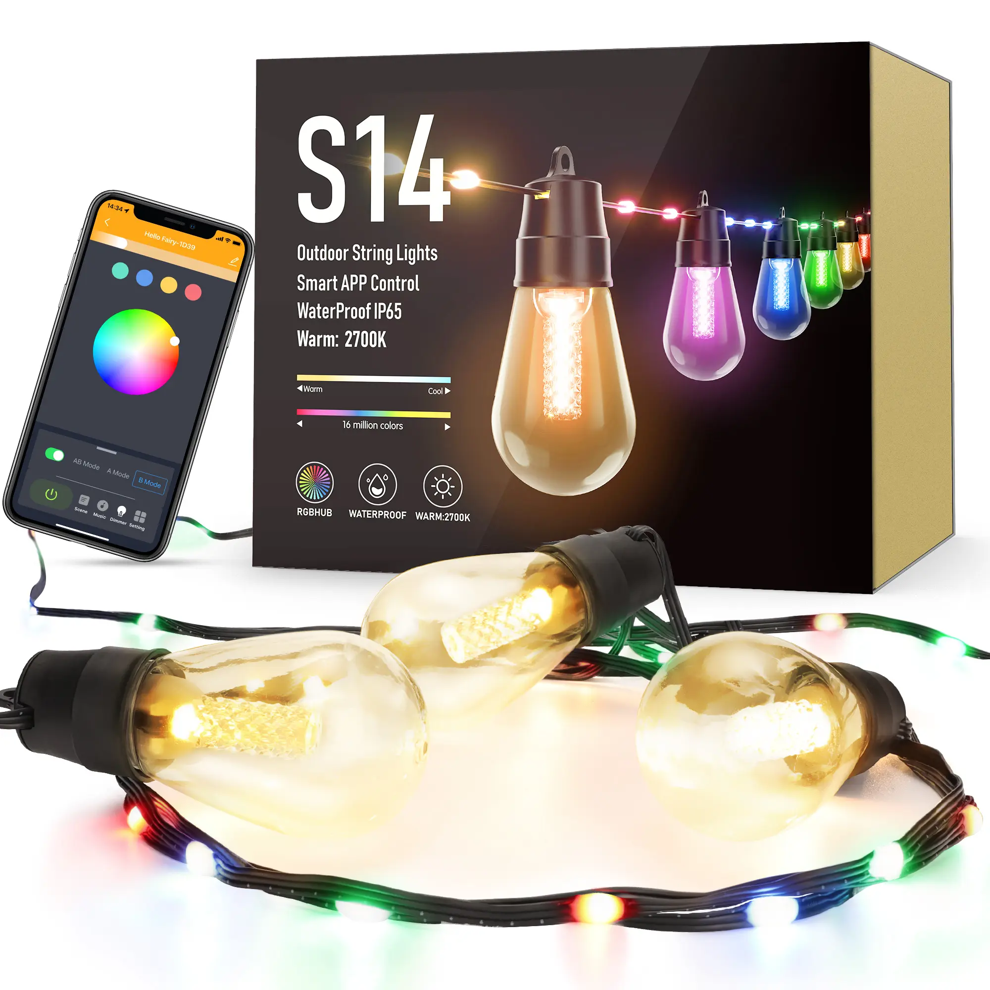 FLACCHI Smart Outdoor S14 String Lights - 46ft Waterproof Shatterproof Bluetooth APP Remote Control Dimmable RGB & Warm White Decorative Lights, Patio Decor Party Mood Halloween Home Improvement Gadgets, Party Lights, Mood Lighting