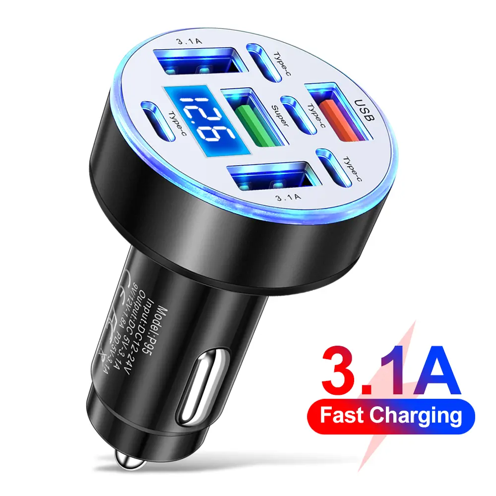 AXVIV 8-Port USB and Type-C Car Charger Adapter, 25W Fast Power Cable Charger with Digital Voltage Display, 12V/24V Universal Car Phone Charger with LED Ambient Light, Multi-Port Fast Charging Station for iPhone and Android, Professional Auto Electronics