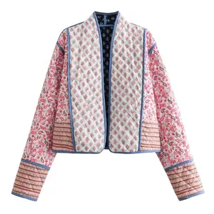 Women Floral Quilted Puffer Jacket Cropped Lightweight Patchwork Vintage Padded Short Coat