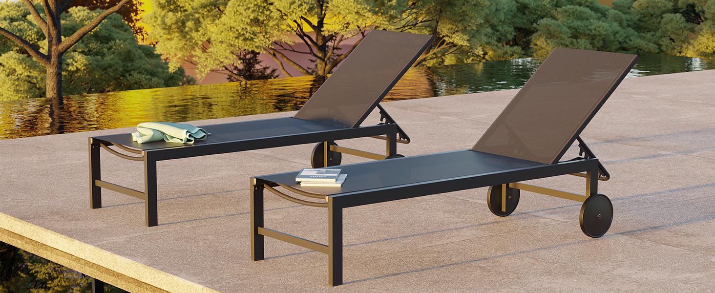Walsunny Patio Lounge Chairs, Outdoor 2 Pieces Texilene Furniture With Wheels, Ergonomic Design, Folding Adjustable, Black