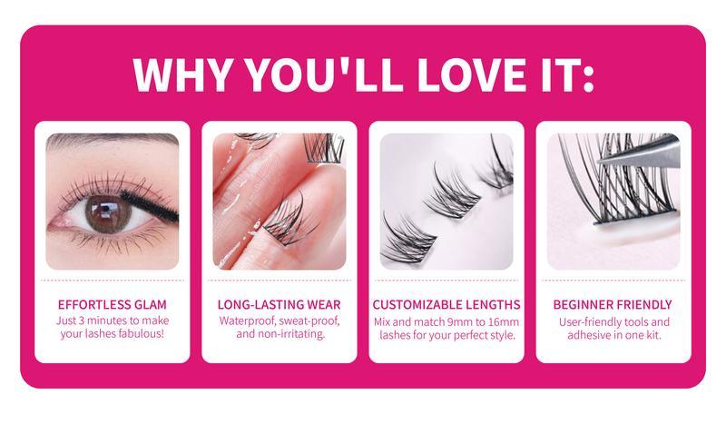 DIY Eyelash Extension Kit-280 Pieces-Long Lasting & Waterproof-Beginner Friendly-Natural Look-Fluffy-3D-D Curl-Cosmetic Makeup
