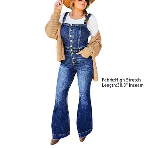 Flamingals Stitch Button Fly High Waist Flare Leg Overalls