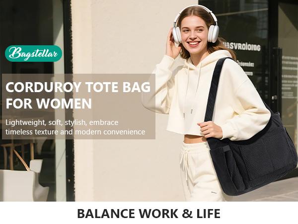 Bagstellar Corduroy Tote Bag for Women, 15.6 inch Laptop Work Bags with Large Cup Holder, Detachable Shoulder Strap Travel Handbag for Mom Wife Student Teacher Nurse Daily, Travel, Gym