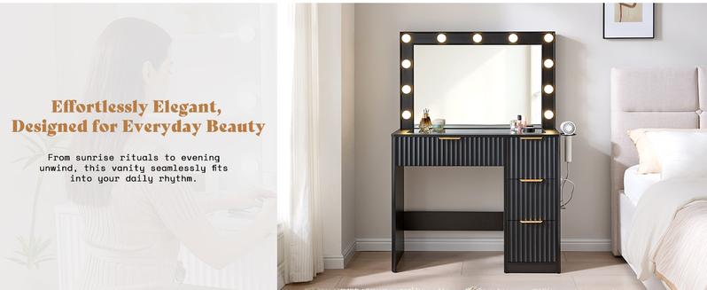 AMERLIFE 36.2/47.2" Fluted Vanity Desk with Mirror and Adjustable LED Lights, Large 4/7 Drawers Makeup Table with Glass Top and Charging Station for Women and Girls,,Best Gift Ideas/Christmas Gifts