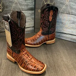 Men’s Rodeo Cowboy Western Square Toe Boots, Alligator Tail Print Leather, Mexico Made