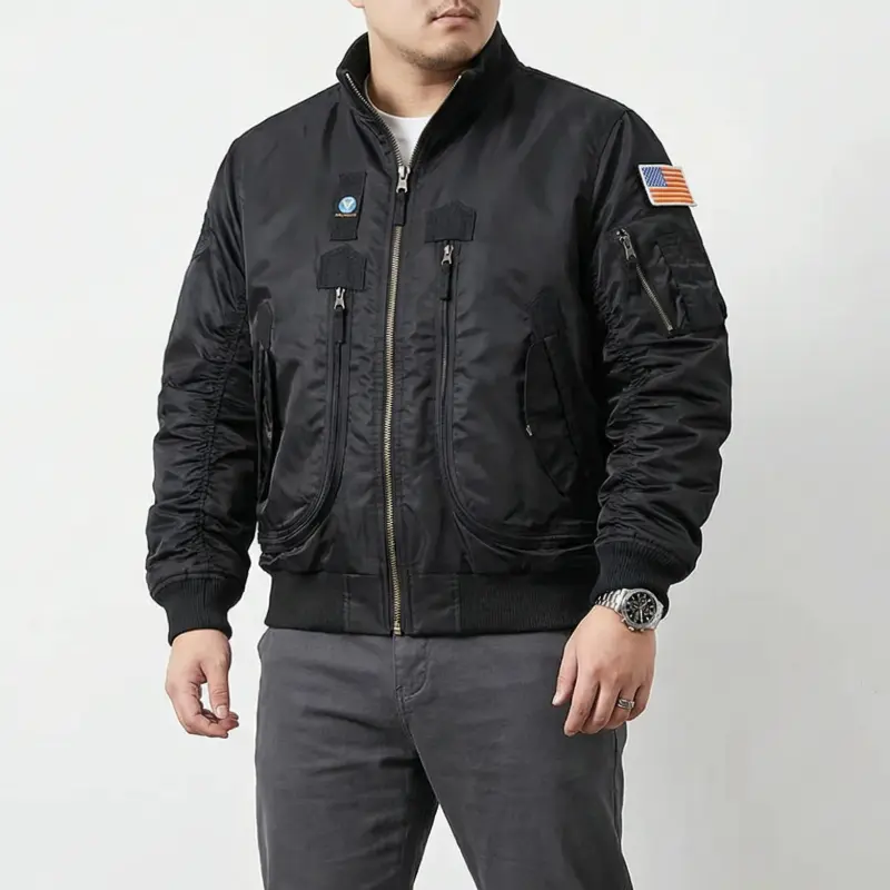 Men's Vintage Military MA-1 Long Sleeve Bomber Coat - Polyester Thick Air Force Flight Jacket, Oversized Unisex Street Fit Cargo Pilot Outerwear with Fleece Leopard Print, Cargo Pockets, Dry Clean Retro Casual Fashion Top (Black)