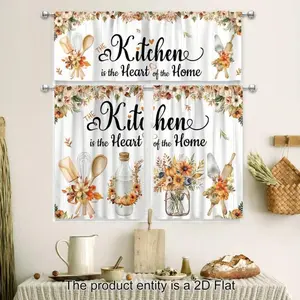 2 Panel  Autumn Floral Kitchen Curtain Farmhouse Rustic Orange Vintage Autumn Leaves Pumpkin Botanical Art Pole Home Decor Cafe Office Living Room Bedroom Dining Room Decoration, 2D Flat