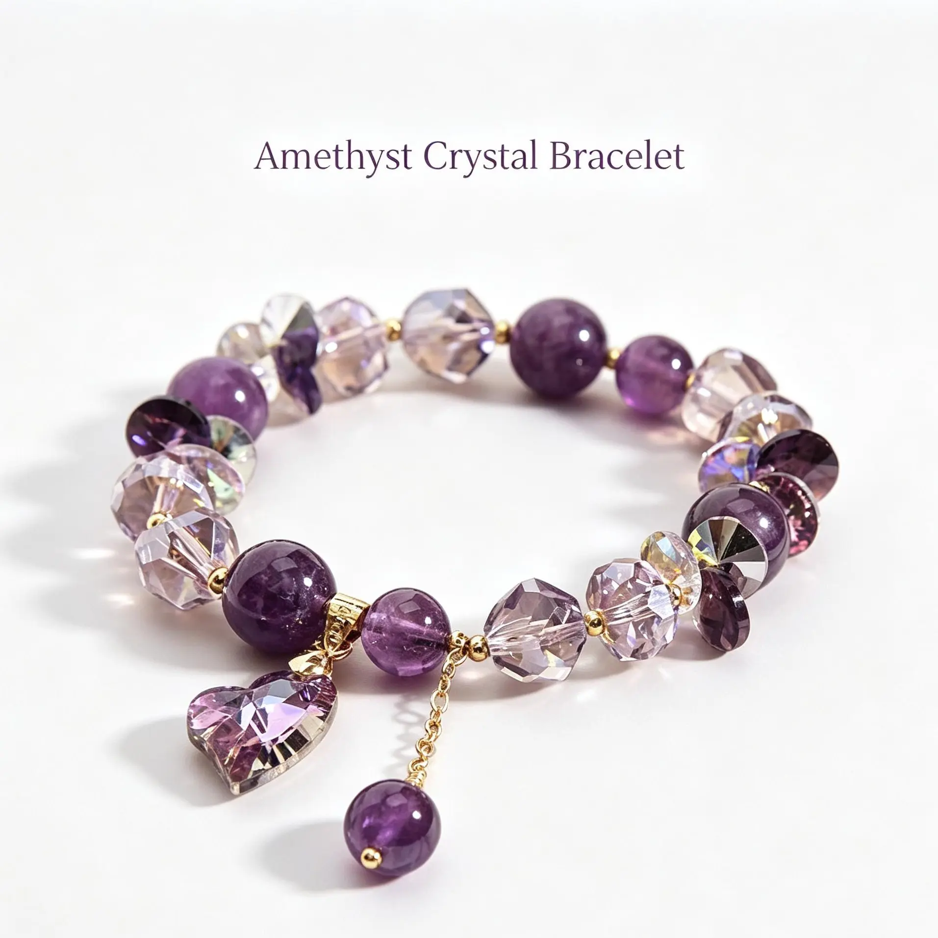Natural Amethyst Gemstone Beaded Bracelet - Purple Antique-Look Fashion Accessory with Heart Shape Love Charm, Ideal for Daily OOTD, Dating Gift