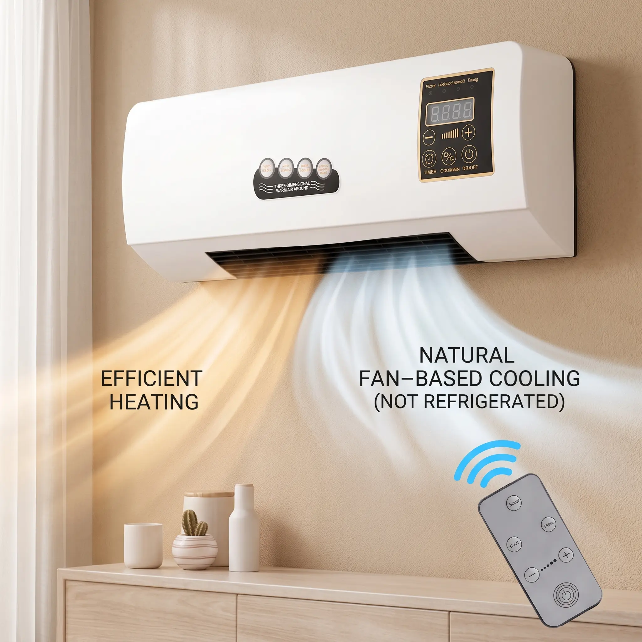 1800W Wall-Mount 2-in-1 Natural Cool Fan & PTC Warm Heater with 6H Timer, Remote Control, Portable Wall AC Unit for Bedroom Home Office