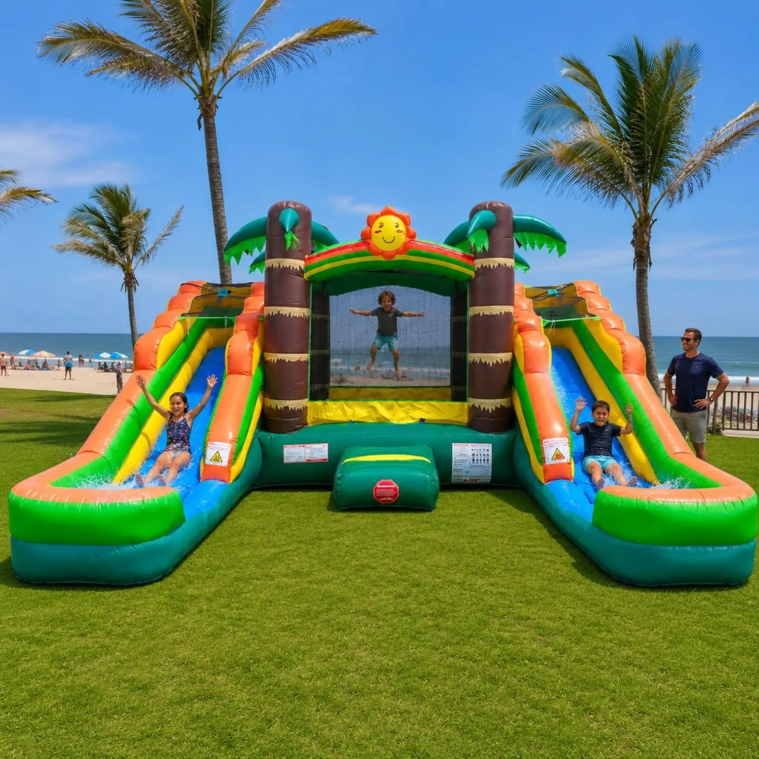 KIWHHPogo Bounce House Inflatable Jump Castle Dual Water Slide, Pools, Tropical | Heavy-Duty 15oz Vinyl in Stress Areas, Jump Bouncer Double Waterslide Combo w/ Blower, Stakes, & Storage Bag, 500lb Capacity