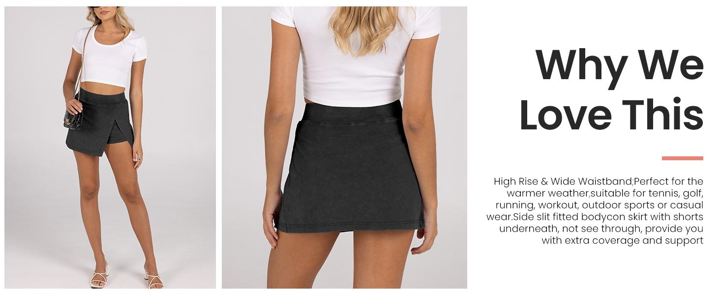 Kingapril Washed Mini Skorts for Women High Waist Split Hem Casual Fitted Athletic Bodycon Skort Mini Skirts with Shorts