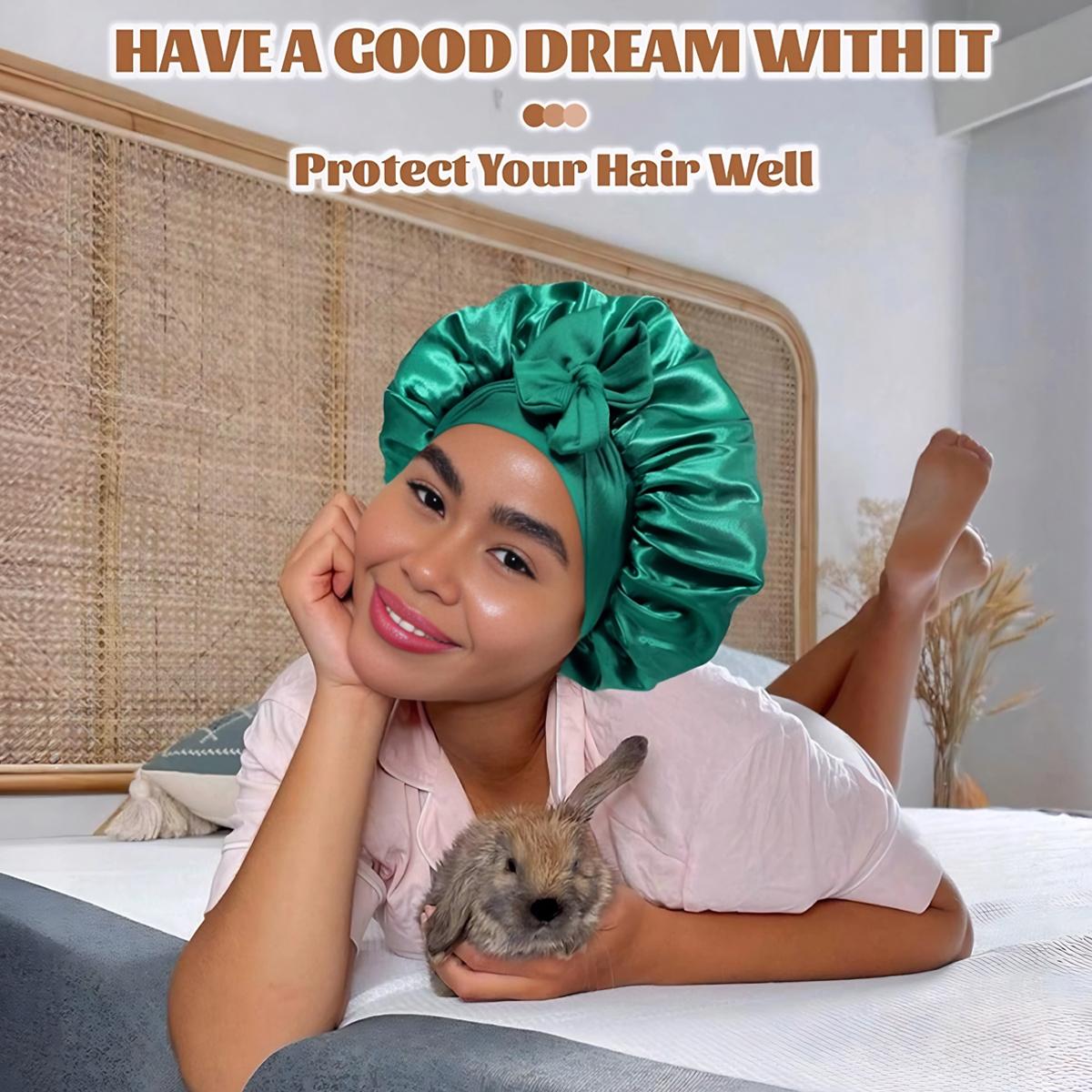 WCOLUE Satin Silk Hair Bonnet for Sleeping Large Bonnets with Tie Band Wrap with Adjustable Straps Night Sleep Caps for Women Curly Braid Hair