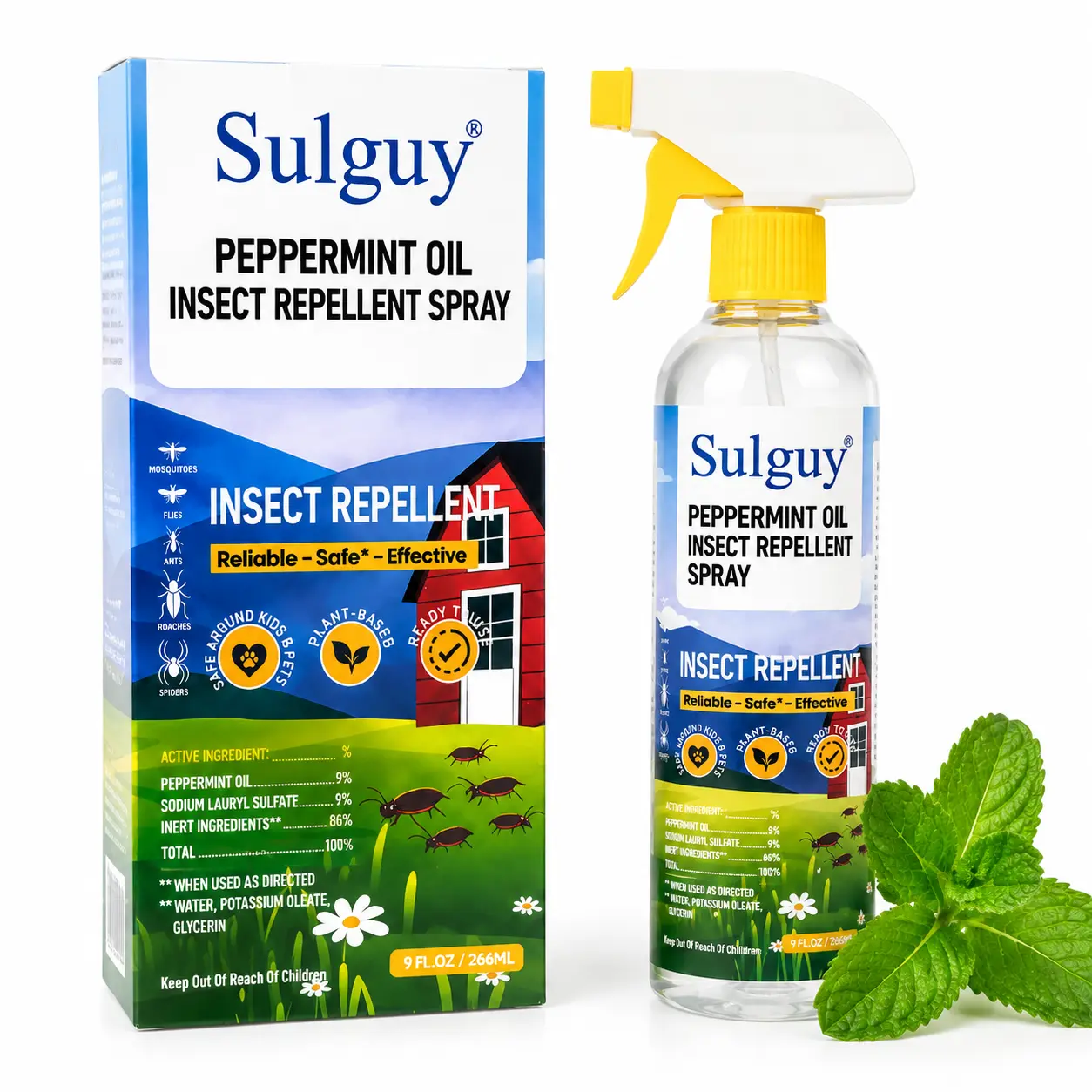 Sulguy Peppermint Oil Bug Spray - Plant-Based Indoor Pest Control Spray for Ants, Roaches & Spiders - Fresh Scent Home Insect Repellent