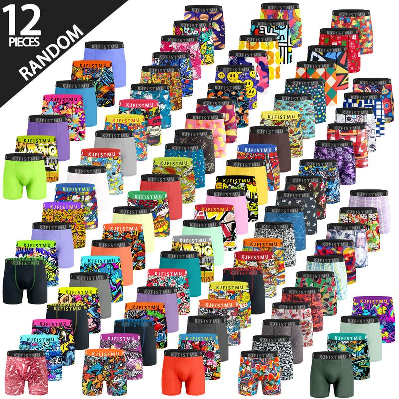 KJFISTMU 12-Piece Men's Boxer Briefs Set Random Styles Designs Solid Colors Prints Colorful Waistbands Striped Designs Fashionable Graffiti Print Underwear