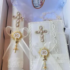 First Communion Candle Set with 8”Candle, Rosary, New Testament & Decorative Elements in Box for Boys and Girls English & Spanish Ivory