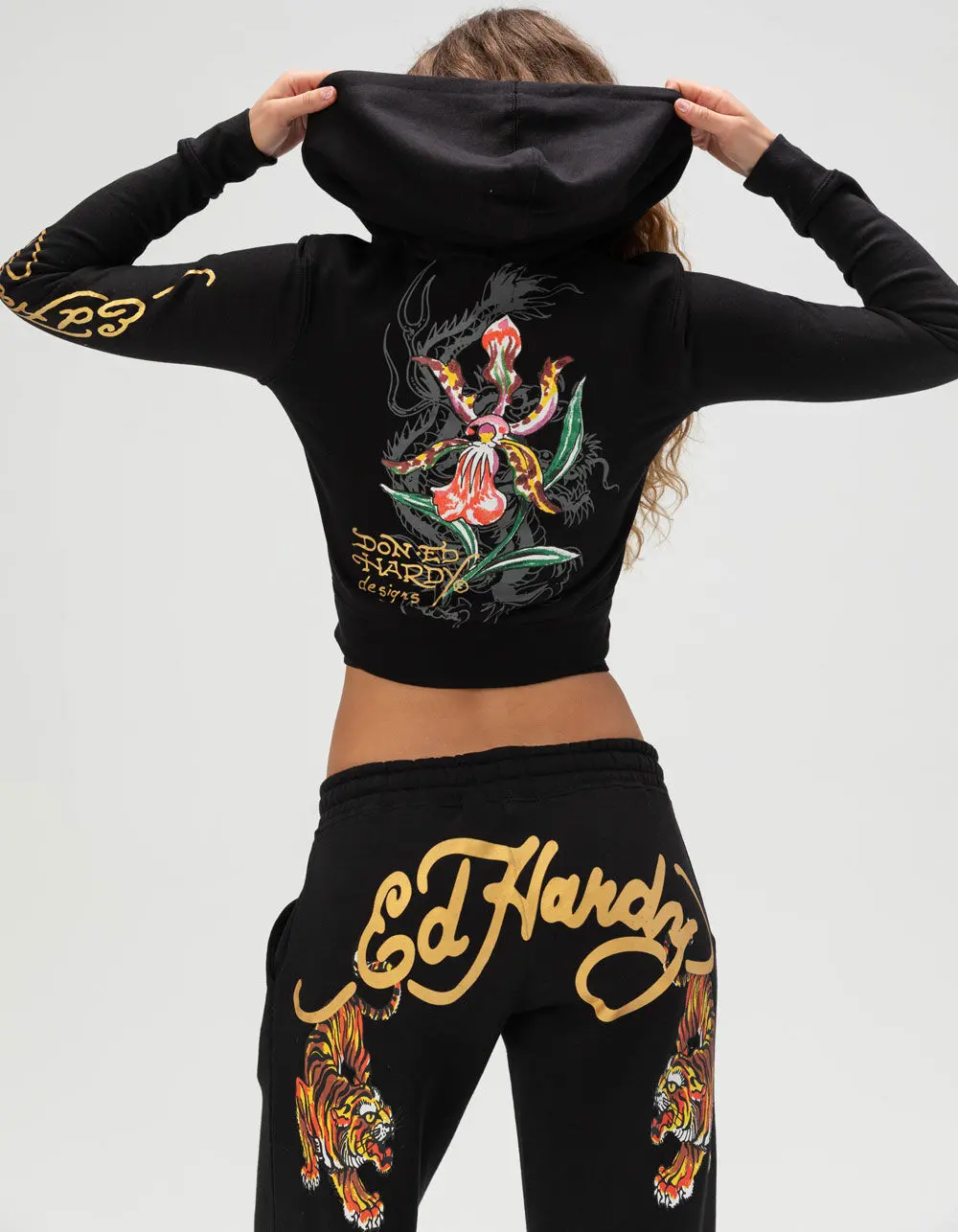 ED HARDY Tigers Womens Crop Zip-Up Hoodie