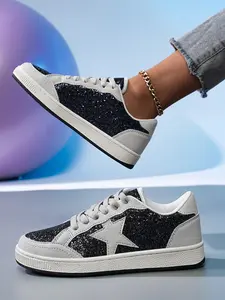 Women’s Black Glitter Star Low-Top Sneakers Vintage Casual Shoes Sparkly Party Sneakers
