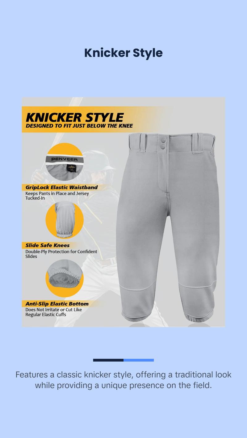 Penveer Knicker Style Adult Baseball Pants with Durable Snap Zip, Elastic Bottom Mens Baseball Pants (Gray)