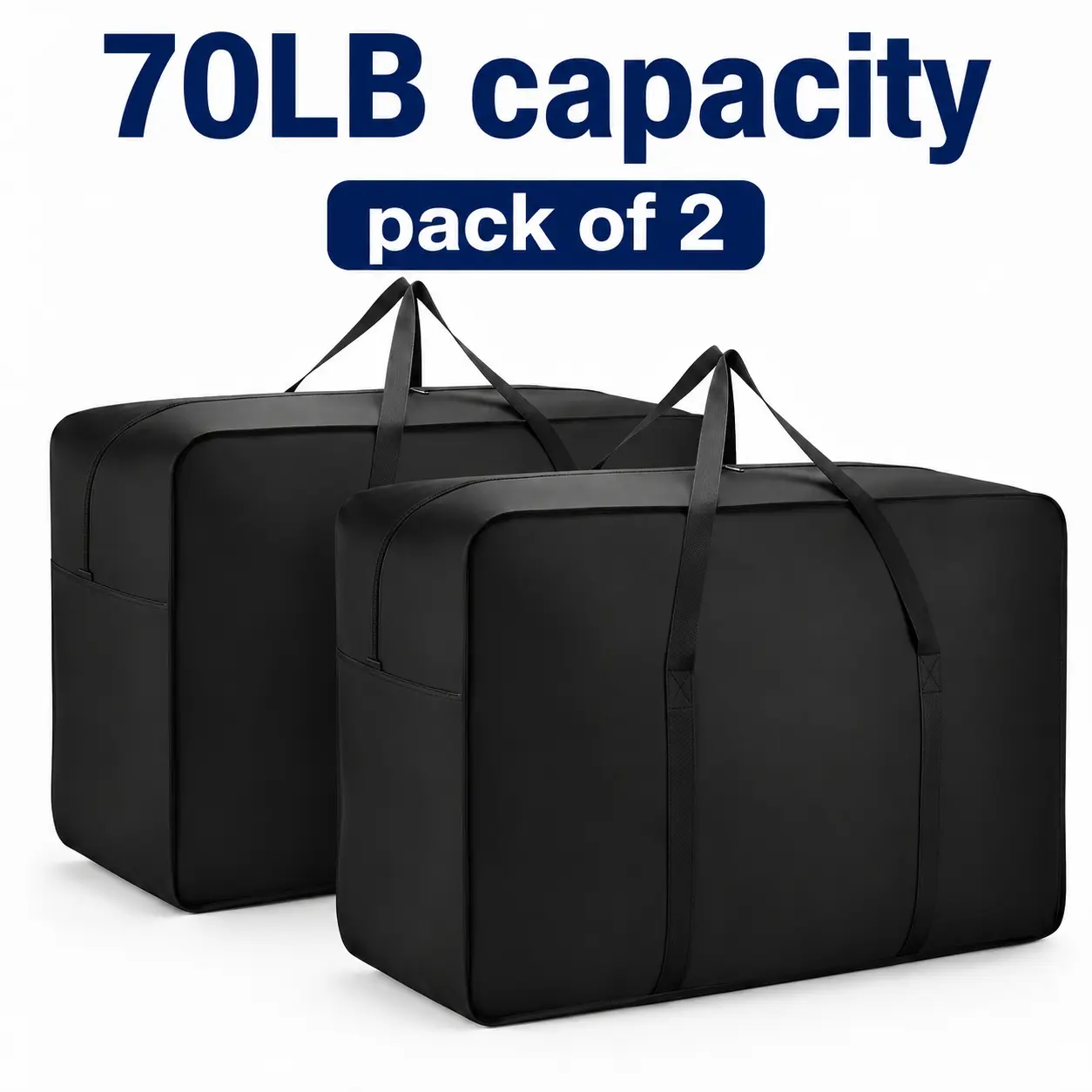 Heavy Duty Storage Bag Set, 70LB Capacity, Pack of 2, Large Moving & Storage Tote Bags with Reinforced Handles and Zipper Closure, Black