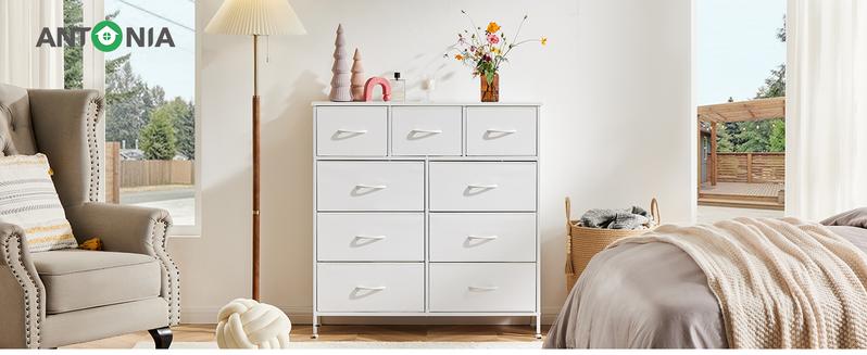 Fabric Storage Tower with 9 Drawers,  Chest of Drawers with Fabric Bins,Bedroom Drawer Dresser Organizer, Steel Frame and Wood Top