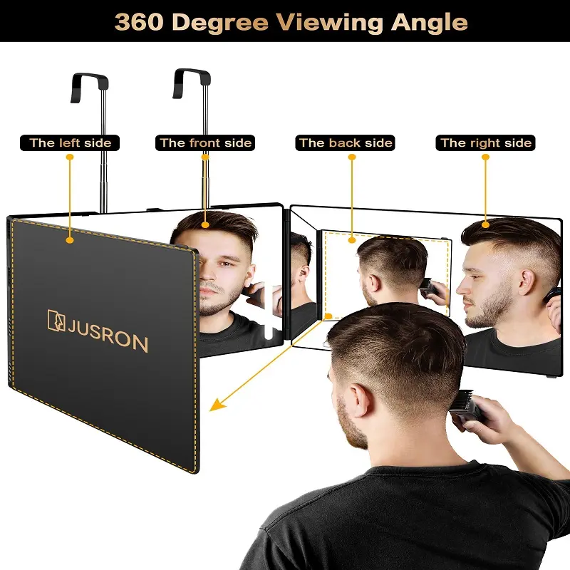 Deals For You Days！JUSRON 360° 3 Way Mirror - Multiple Styles (LED/No Light), Portable Trifold Mirror for Self Grooming & Haircutting, Adjustable Hooks, Gift for Him