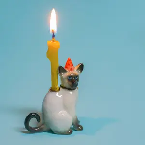 Siamese  Cat Cake Topper  | ️ Camp Hollow Porcelain Party Animal Candle Holder | Birthday Party  Decor Gift | Curious Cat