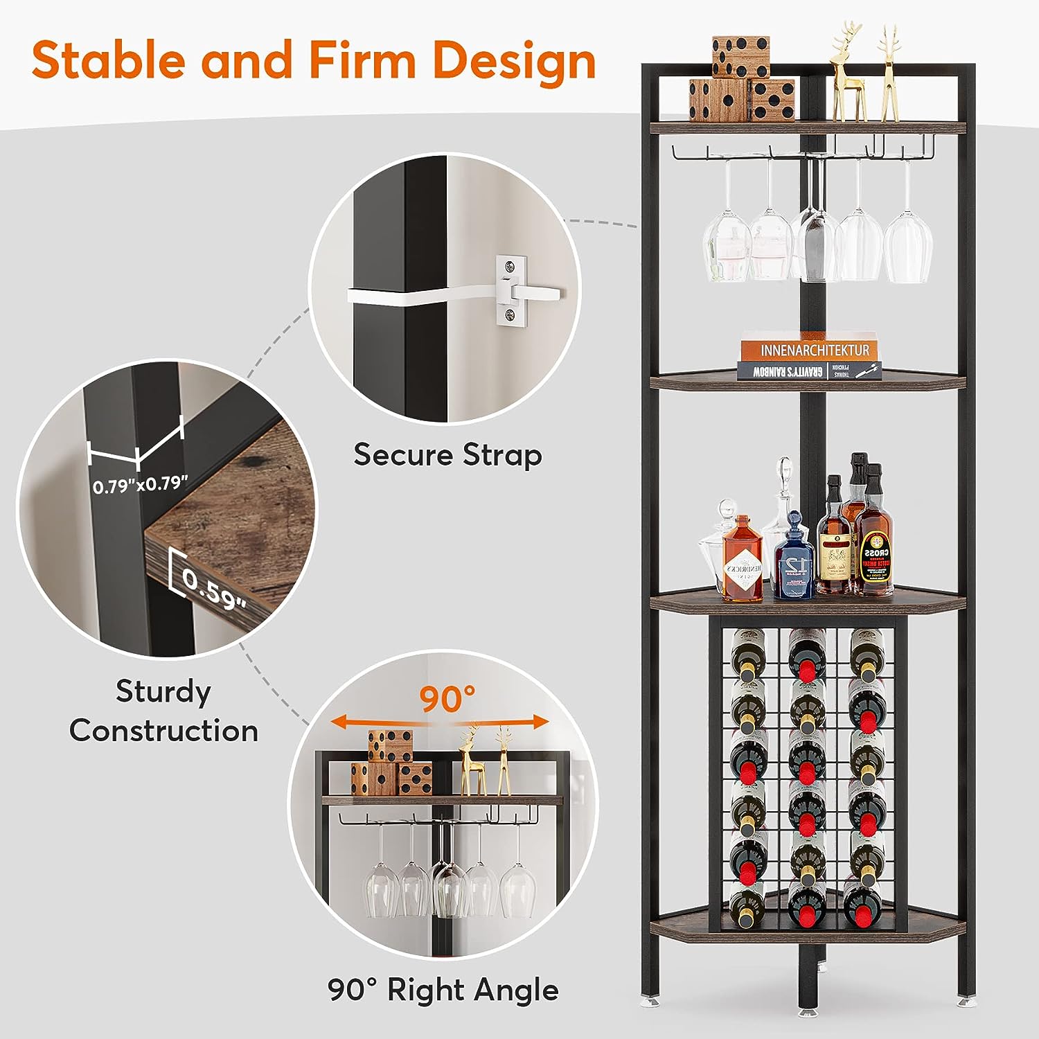Tribesigns Industrial 4 Tier Corner Wine Rack with Glass Holder,Corner Bar Utensils Metal