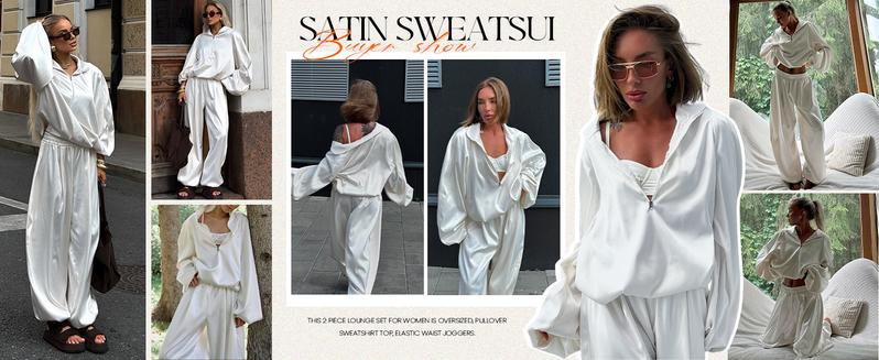 Yimoon Womens Zip 2 Piece Outfit Set Silk Satin Lounge Set Silky Long Sleeve Top Joggers Tracksuit Sweatsuit