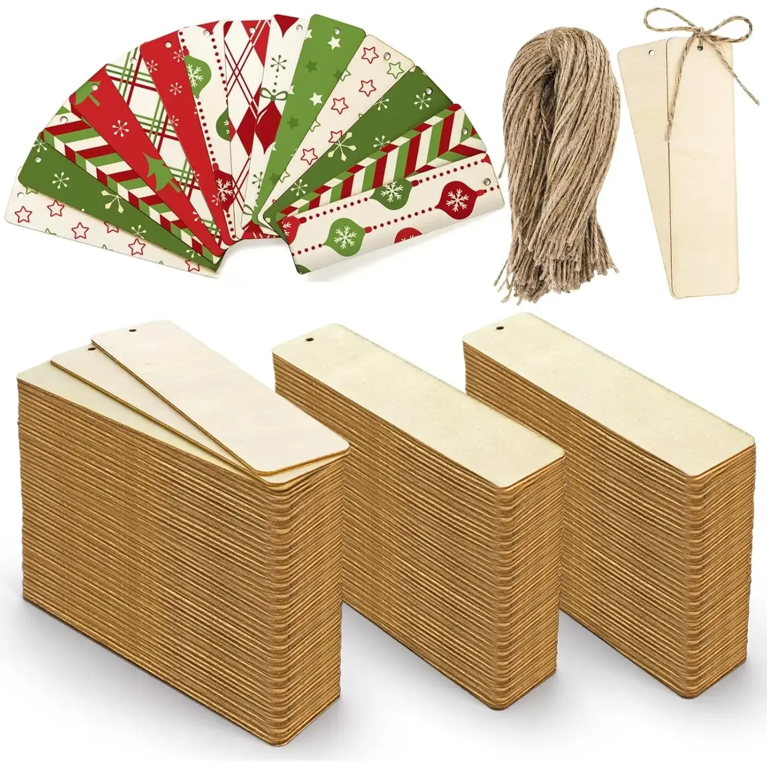 150-Piece Poplar Wood DIY Friendly Blank Bookmarks, Unfinished Rectangle Shape Craft Bookmarks with Hanging Hole & Ropes, Office Stationery Supplies for Christmas Decor (4.7in x 1.3in)