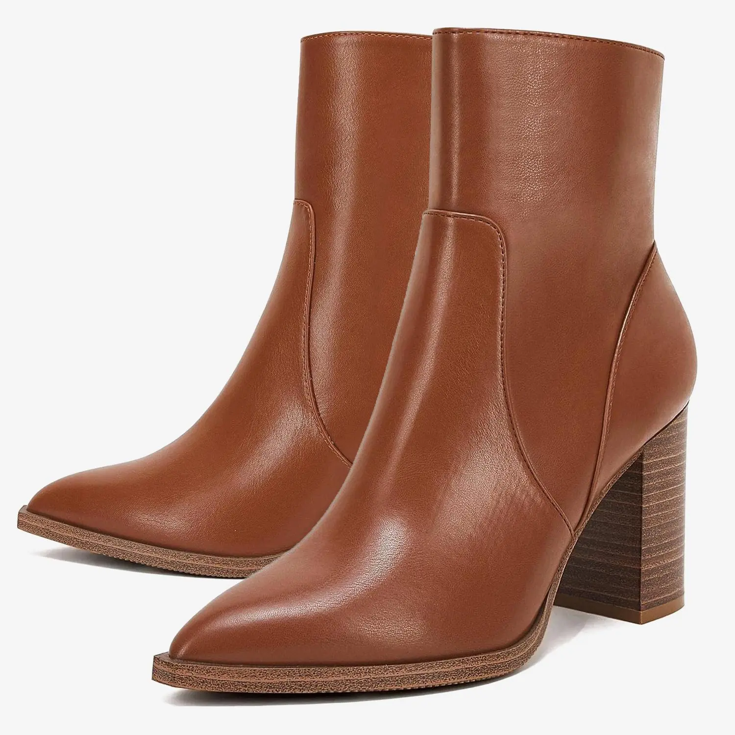 Coutgo Women's Pointed Toe Ankle Boots Chunky Stacked Heel Side Zipper Faux Leather Ankle Booties tiktokshopbacktoschool