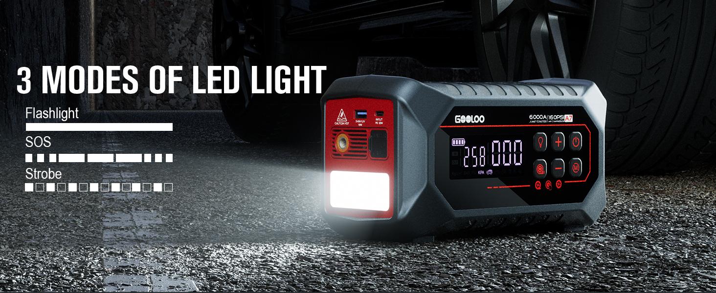 GOOLOO A7 10-in-1 6000A Car Jump Starter with Air Compressor (All Gas & 10 Disel), Multifunctional 160 PSI Smart Auto-Shutoff Tire Inflator & Portable Air Pump with Inflate 350L/min & Deflate 70L/min