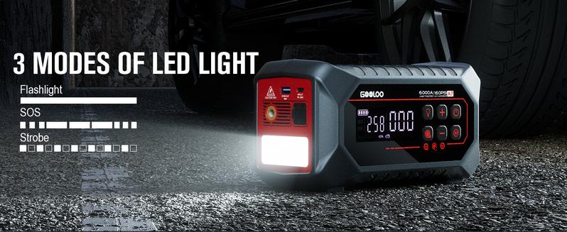 GOOLOO A7 10-in-1 6000A Car Jump Starter with Air Compressor (All Gas & 10 Disel), Multifunctional 160 PSI Smart Auto-Shutoff Tire Inflator & Portable Air Pump with Inflate 350L/min & Deflate 70L/min