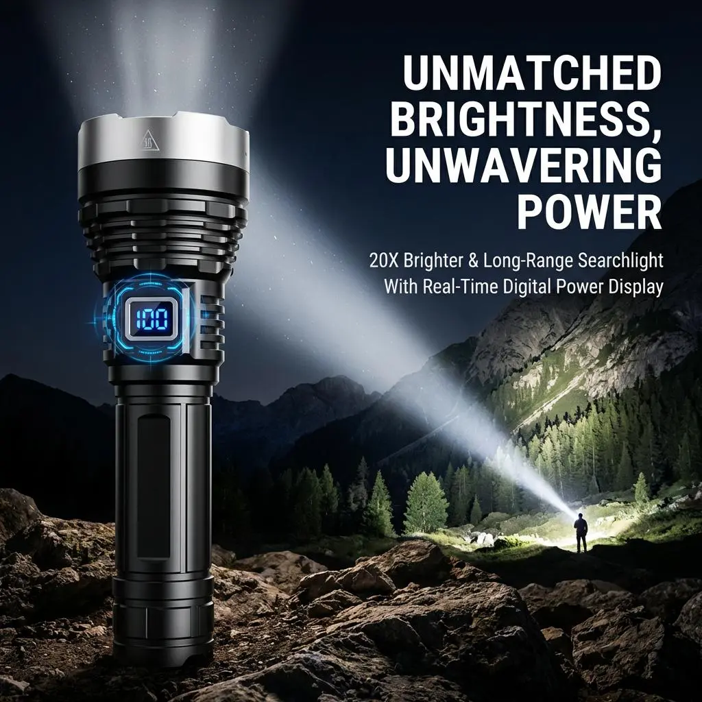 EXOVAN 2-in-1 Strong Flashlight Power Bank - Men's Personal Gadgets, Men's Gifts, Digital Power Display, Rechargeable, Zoomable, IPX4 Waterproof, Adjustable Brightness for Outdoor, Emergency Use, Black