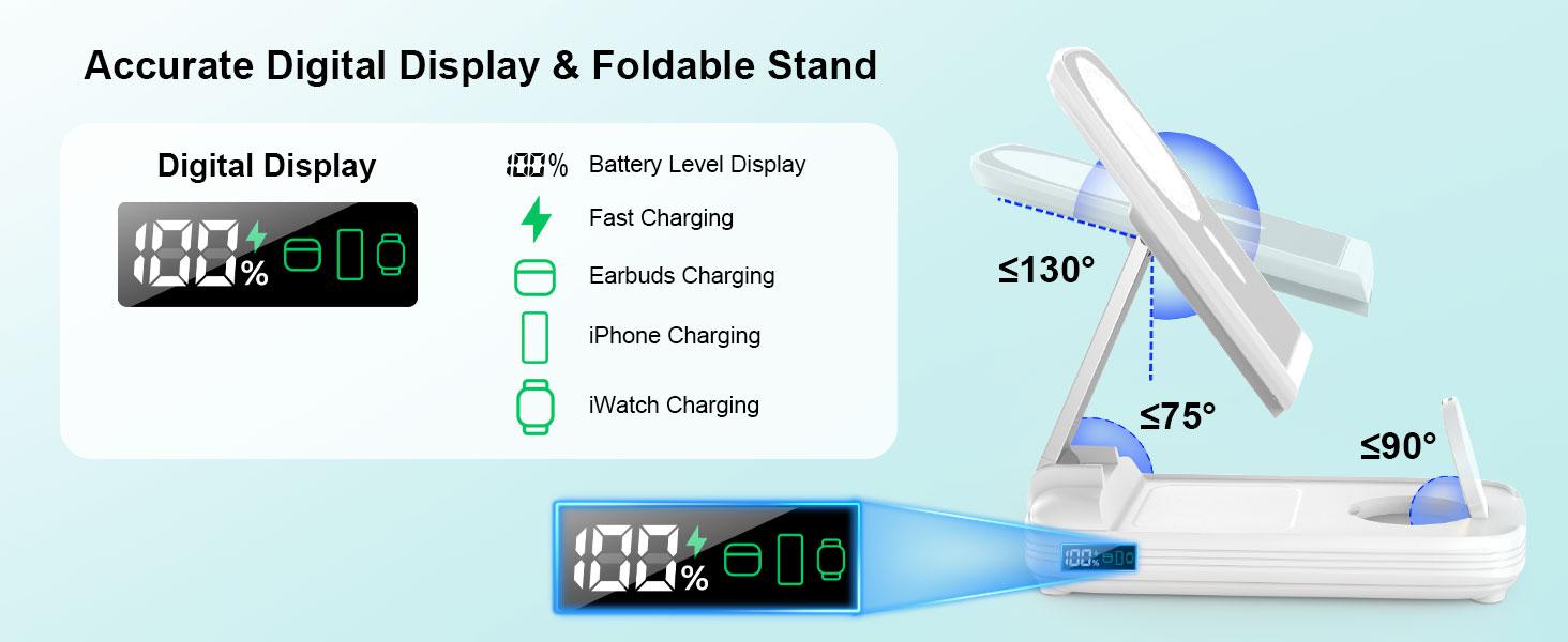 3-in-1 Foldable Wireless Power Bank, 10000mAh Magnetic Power Bank with Adjustable Phone Stand, Fast Charger, Portable Wireless Charger with Digital Display for iPhone 17 / 16 / 15 / 14 / 13 / 12 Series & Earbuds & Apple Watch mothersdaygift