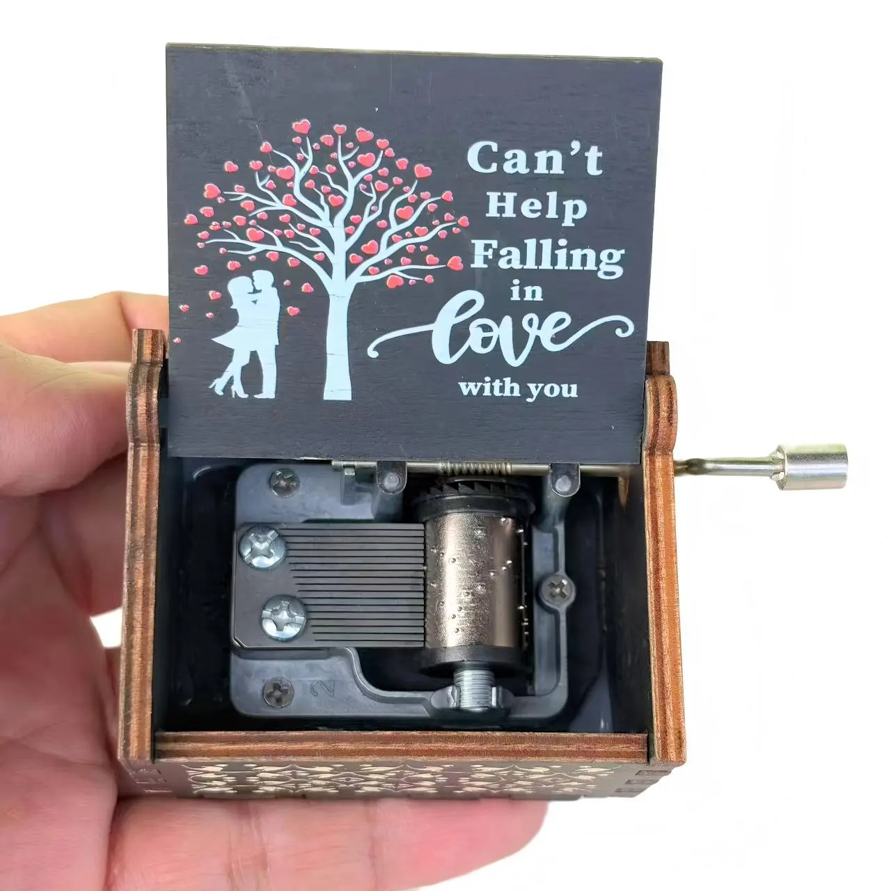 Vintage Wooden Hand-Crank Music Box, Rustic Vintage Design, Elvis Classic Play "Can't Help Falling in Love" Melody, Heart Tree Home Decor Accessory, Romantic Gift for Her from Boyfriend/Husband for Anniversary, Valentine's Day