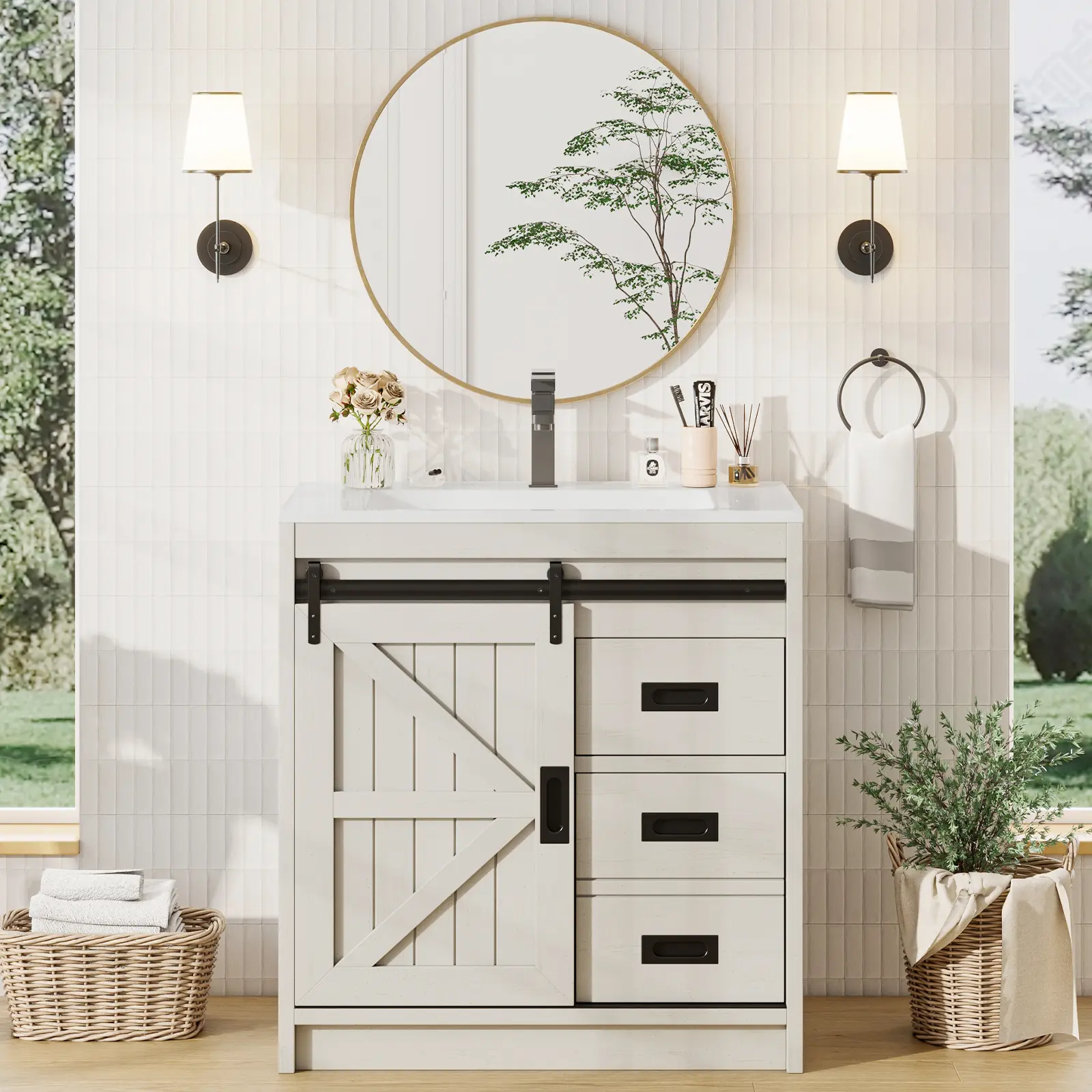 VanAcc Farmhouse Bathroom Vanity with Sink Combo, 31in Sliding Barn Door Bathroom Vanity Cabinet Set with Storage Drawers, Metal Handles, Small Single Bath Storage Vanity Sink