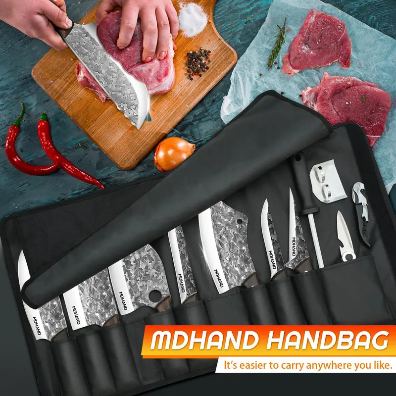 Knife set and accessories arranged inside a roll-up carrying bag