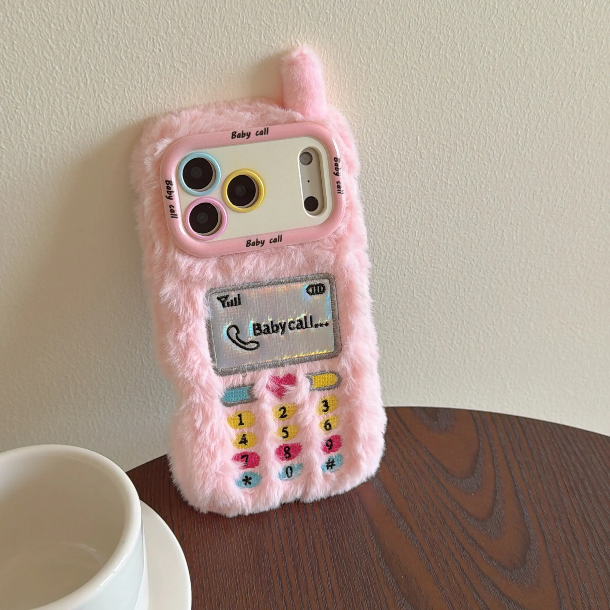 Plush Embroidered Phone Case for Apple iPhone 17 Pro Max, Anti-Drop Shockproof Stand Feature, Full Coverage Design, Winter Warmth & Trendy Look