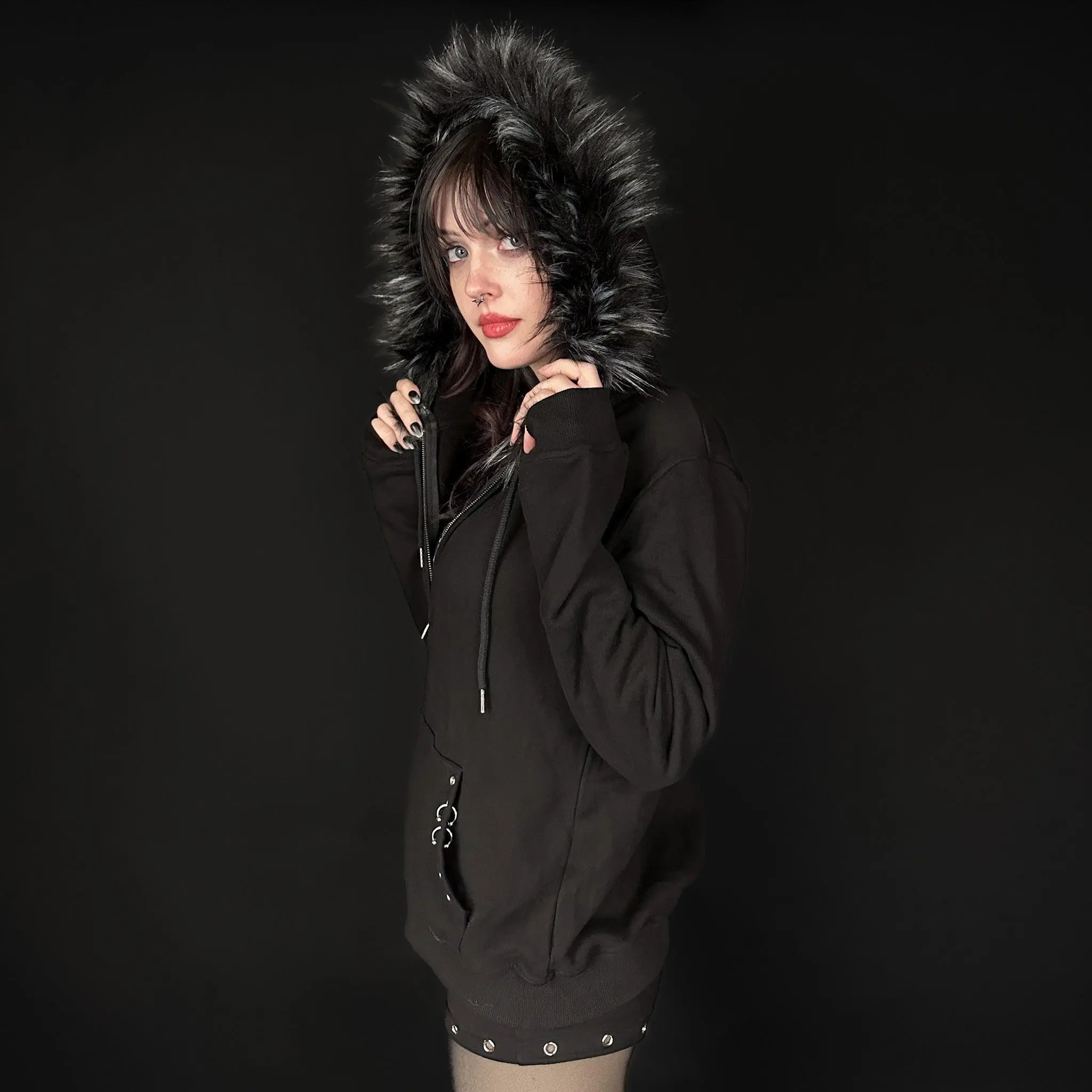 Double Zip Grommet Fur Hoodie 100% Cotton by Wicked Misfit