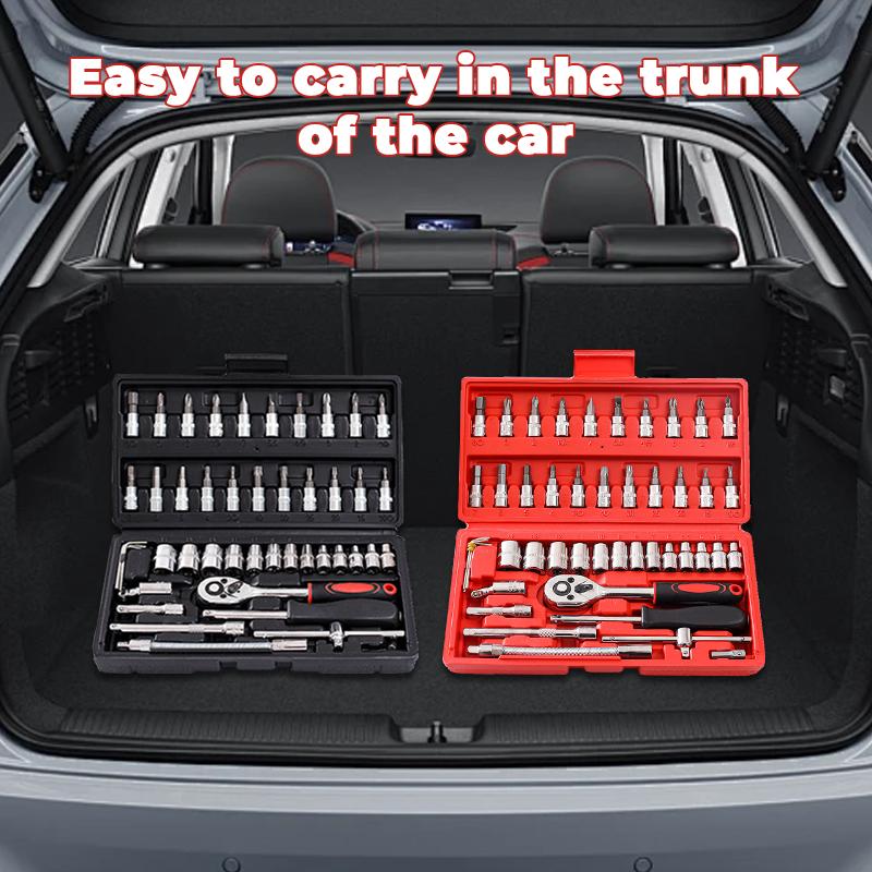 46Pcs Tool Set, Car Repair Machinery Tools, Household Machinery Tools, Car and Bicycle Repair Tools, 1/2 * 1/4 "3/8" Drive Depth and Standard Socket, Ratchet Torque Wrench Screwdriver Socket Combination Tool,Gift for Dad