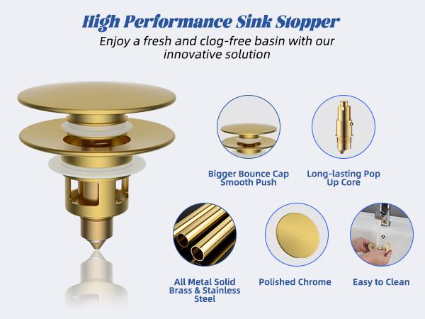 Hibbent Universal Bathroom Sink Stopper 2 in 1 Pop Up Metal Sink Drain Strainer with Hair Catcher, Fit for 1.1~2.36" Sink Basin Hole, Not for Bathtub, Big Cover Cap, Anti-clog, Brushed Gold