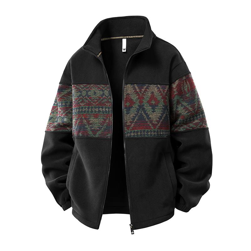 Men's Ethnic Pattern Full Zip Cardigan Sweatshirt, Stand Collar Casual Jacket, Fleece Lined Warm Loose Baseball Jersey, Men's Top for Autumn and Winter, Everyday Wear Sizes S-4XL