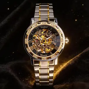 Luxury Skeleton Automatic Watch | Gold & Silver Iced Out Diamond Bezel | Hip Hop Fashion for Men | Durable Mechanical Movement | Perfect Gift for Any Occasion | Ideal Birthday Anniversary Father’s Day Christmas Graduation Gift | Men’s Dress Watch