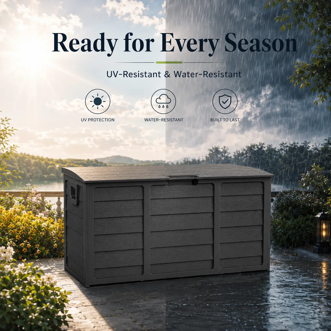 INTERGREAT 75 Gallon Outdoor Storage Deck Box, Lockable Resin Patio Box with Handles, Black